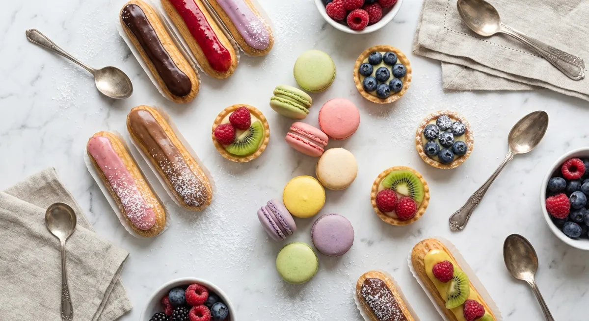 AI-generated French pastries flat lay